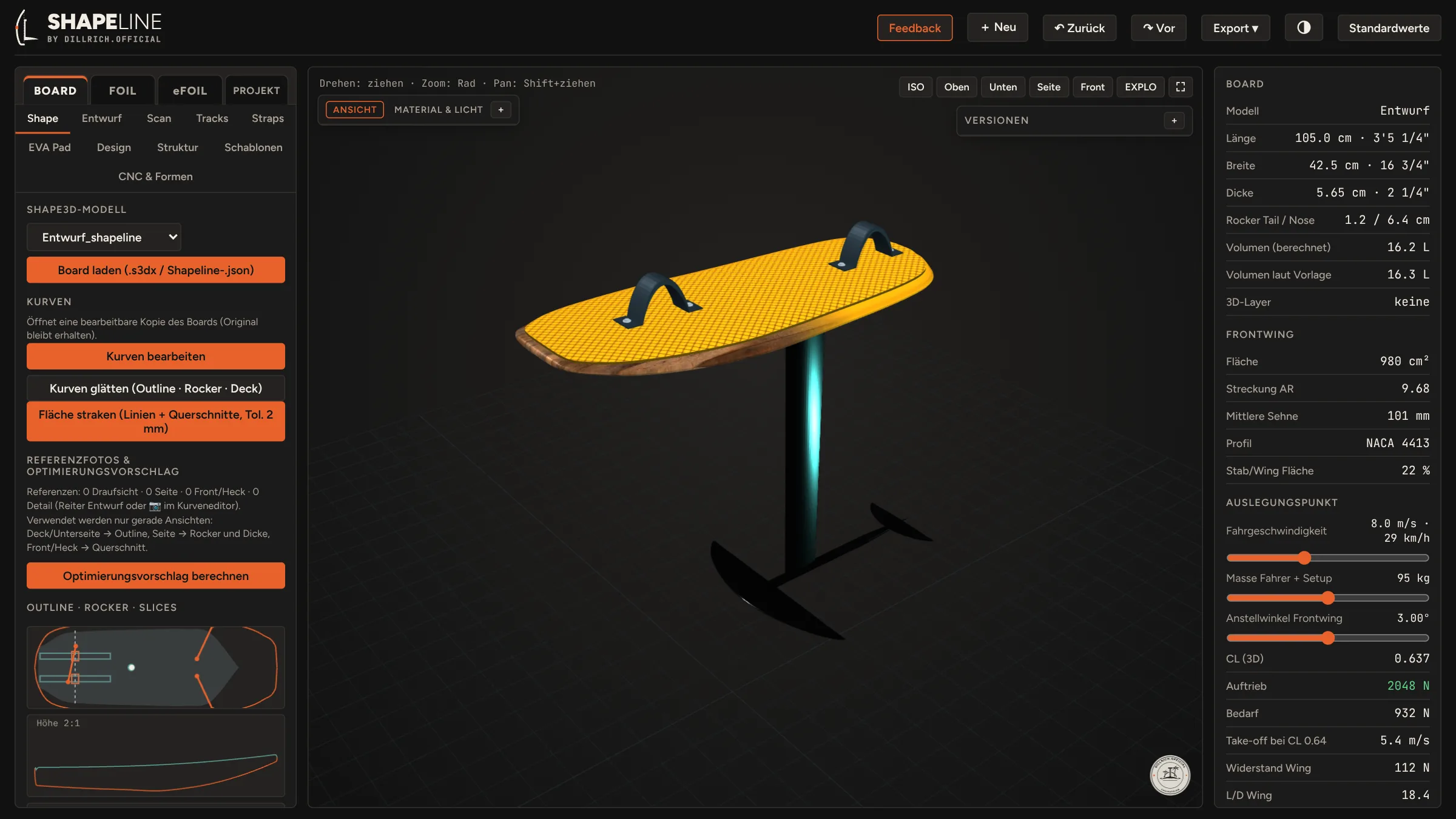 Shapeline software in dark mode: board panel on the left, 3D view with board and foil in the middle, board and foil data on the right