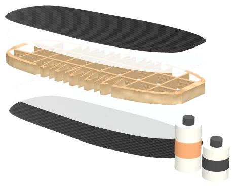 Laminate layup: carbon and glass cloth above and below a hollow wooden core with stringers and ribs, with epoxy resin and hardener